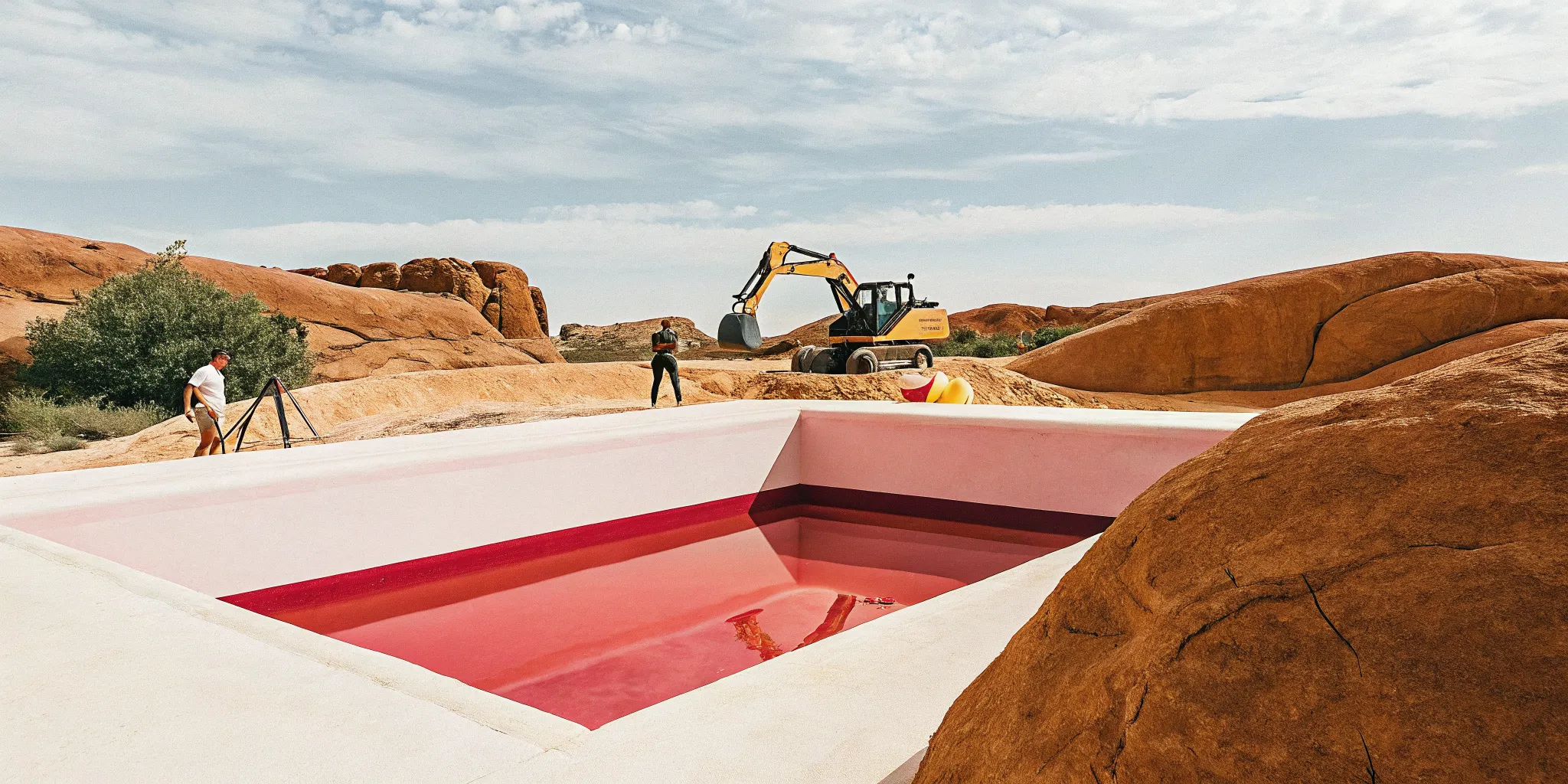 Pool excavation equipment digging a custom pool shape in a Phoenix backyard with desert landscape and clear blue sky