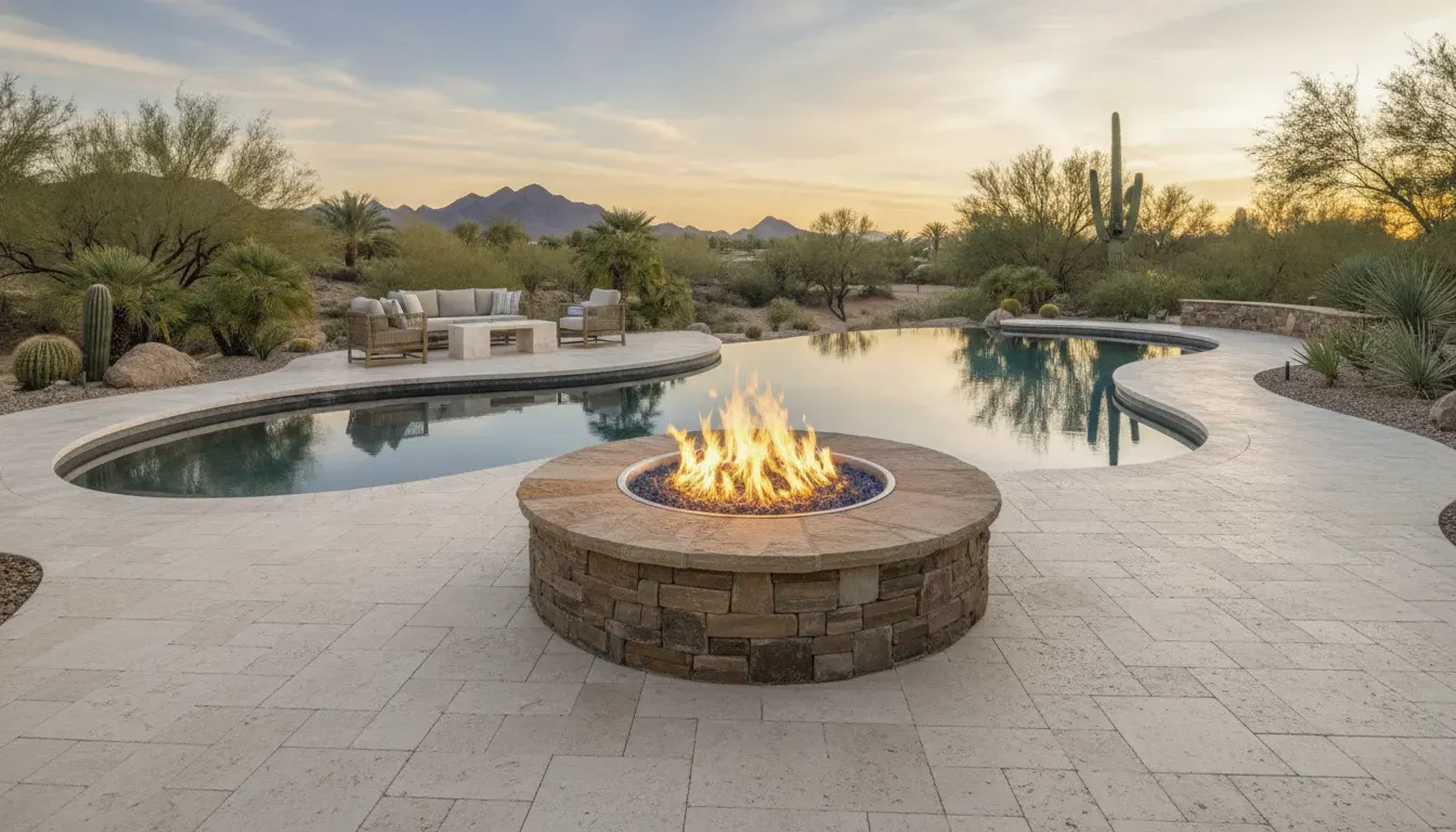 Poolside fire bowl installation in an Arizona desert backyard