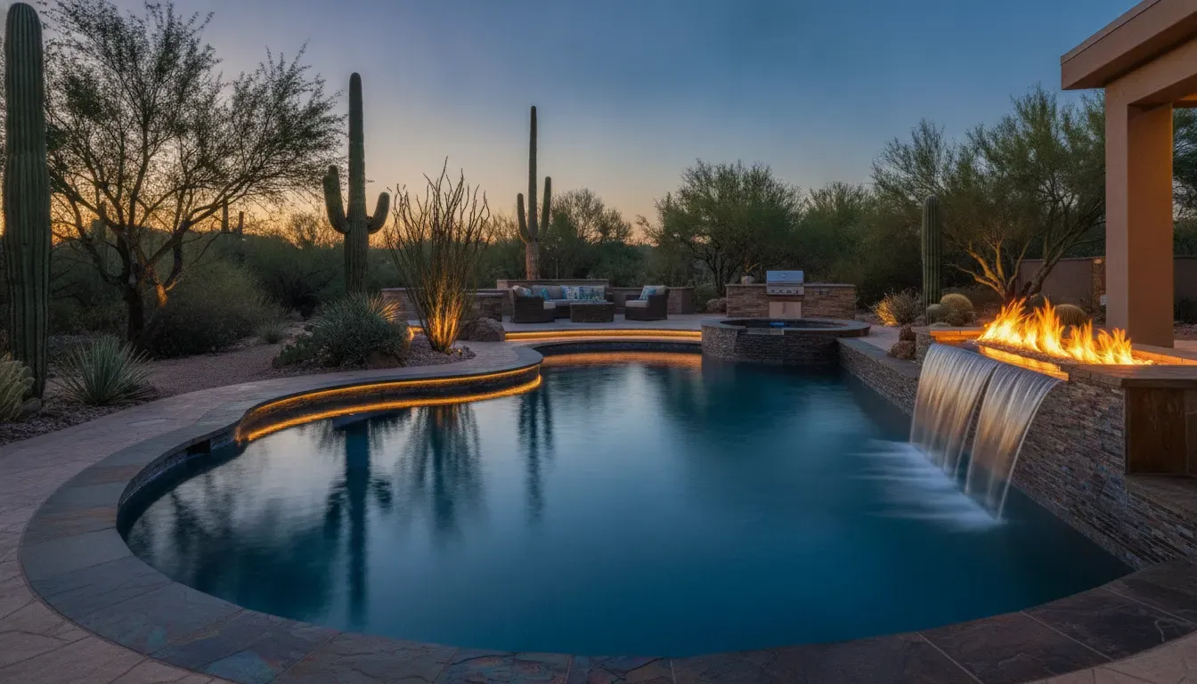 Arizona pool with a linear fire feature and sheer water descent