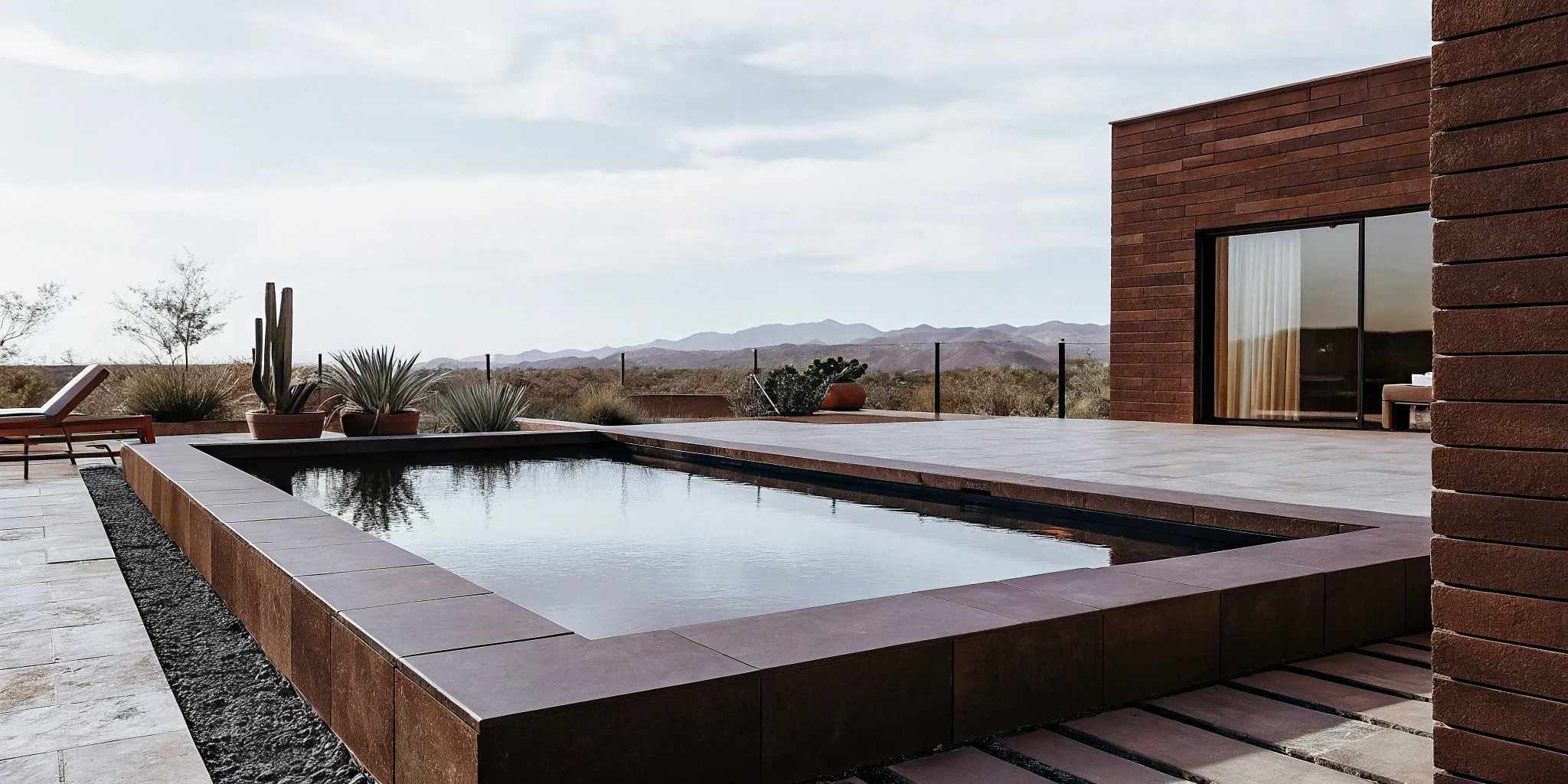 Modern inground pool installation in Phoenix with travertine decking and mountain views