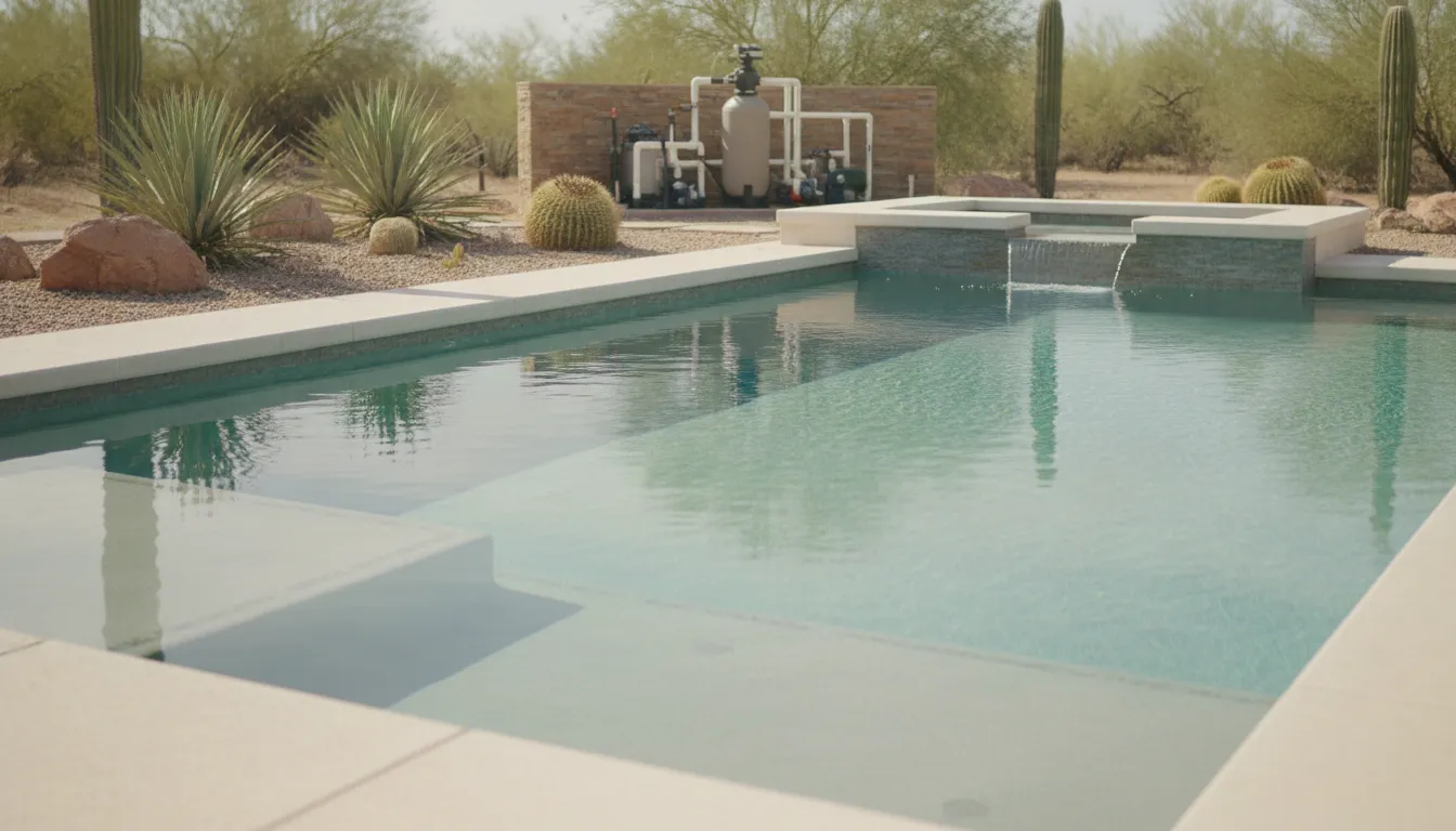 Modern backyard pool in a Phoenix East Valley desert home with clear water