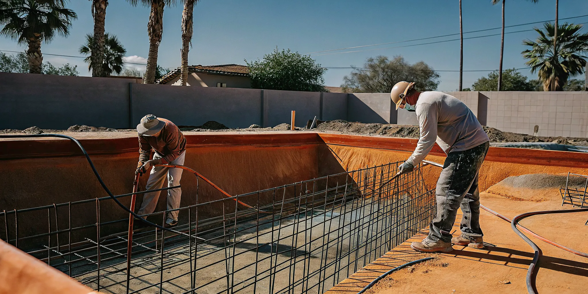 Gunite and steel rebar during custom pool construction in a sunny Arizona backyard