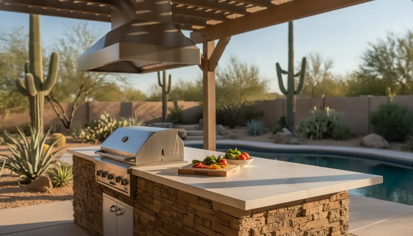 Arizona outdoor kitchen countertop and built-in grill under a shaded pergola
