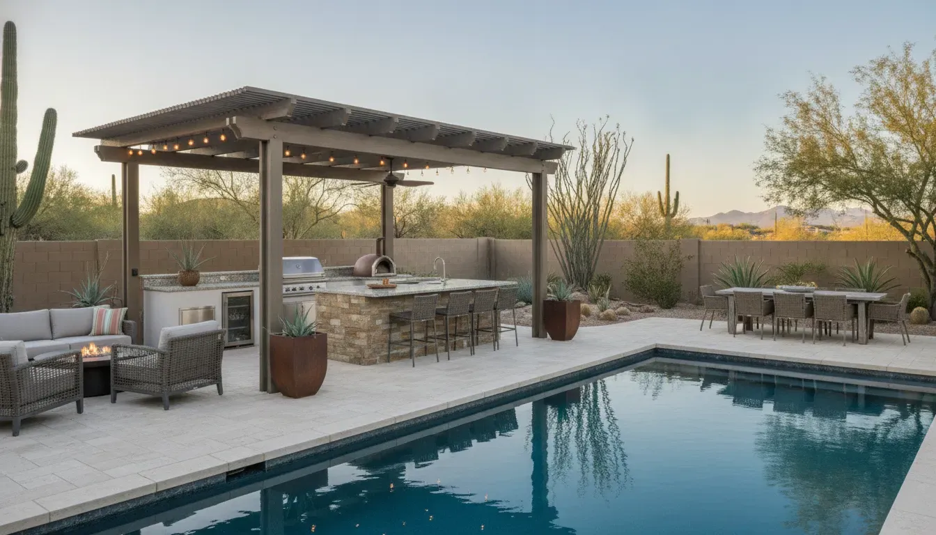 Phoenix outdoor kitchen with pergola shade, dining seating, and poolside entertaining area