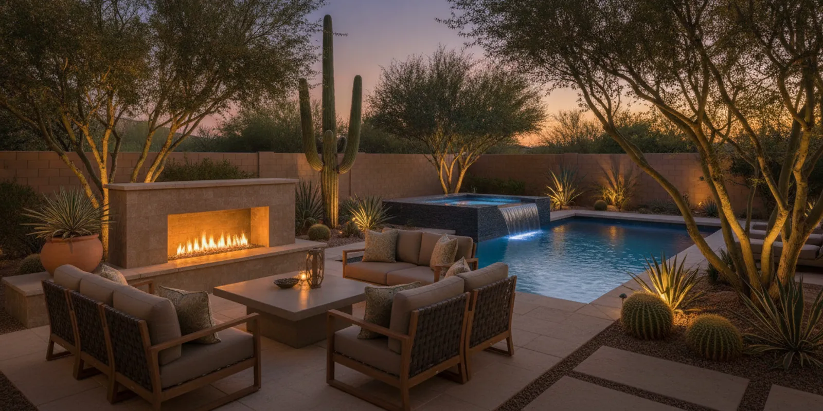 Outdoor fireplace beside a pool and seating area in a Phoenix backyard