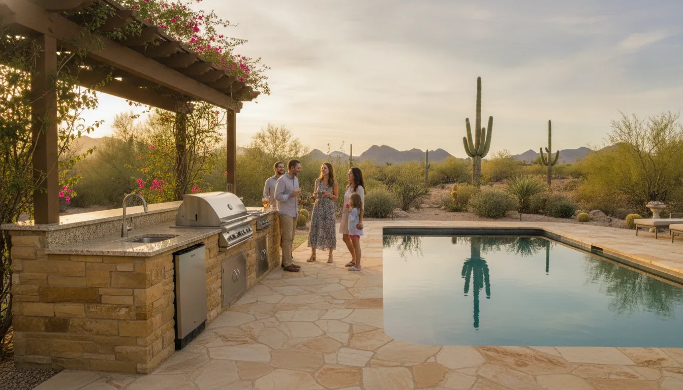 Arizona outdoor kitchen with built-in grill, refrigerator, sink, pool, and desert landscaping