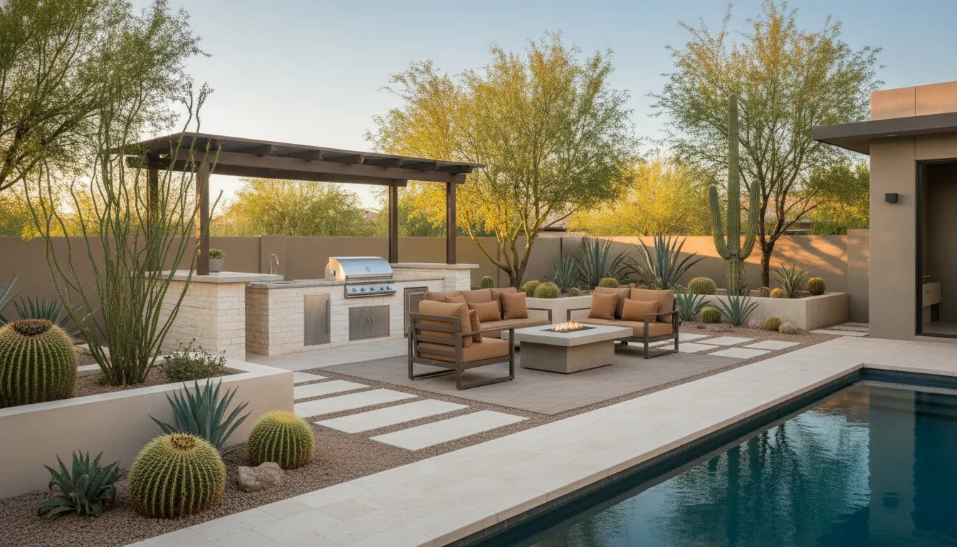 Outdoor kitchen island beside a Phoenix backyard pool with desert landscaping