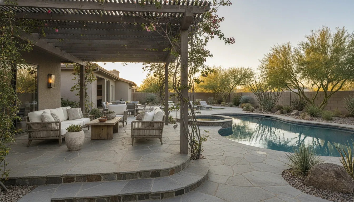 Arizona backyard outdoor living space with pool, shade, landscape, and seating