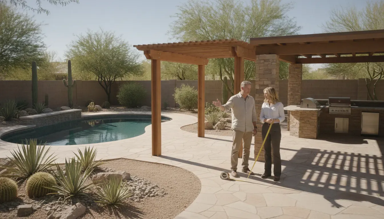 Arizona backyard planning with a pergola, ramada, pool, and outdoor kitchen