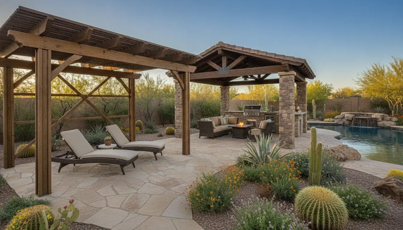 Arizona backyard with a pergola and ramada beside a pool and desert landscaping