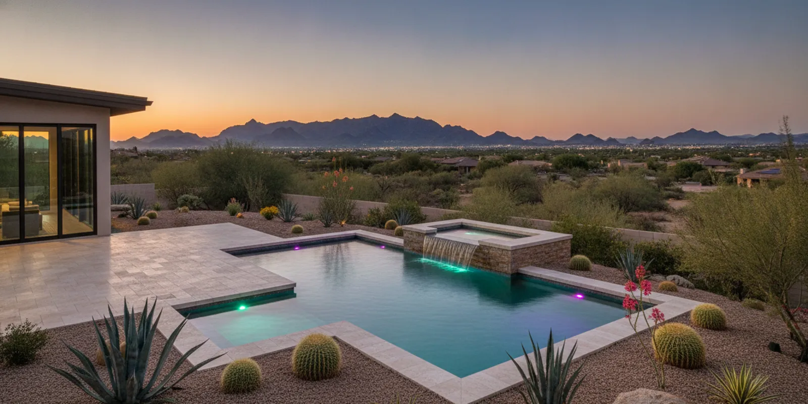 Newly built Phoenix backyard pool with LED lighting and a small water feature beside a desert-style patio