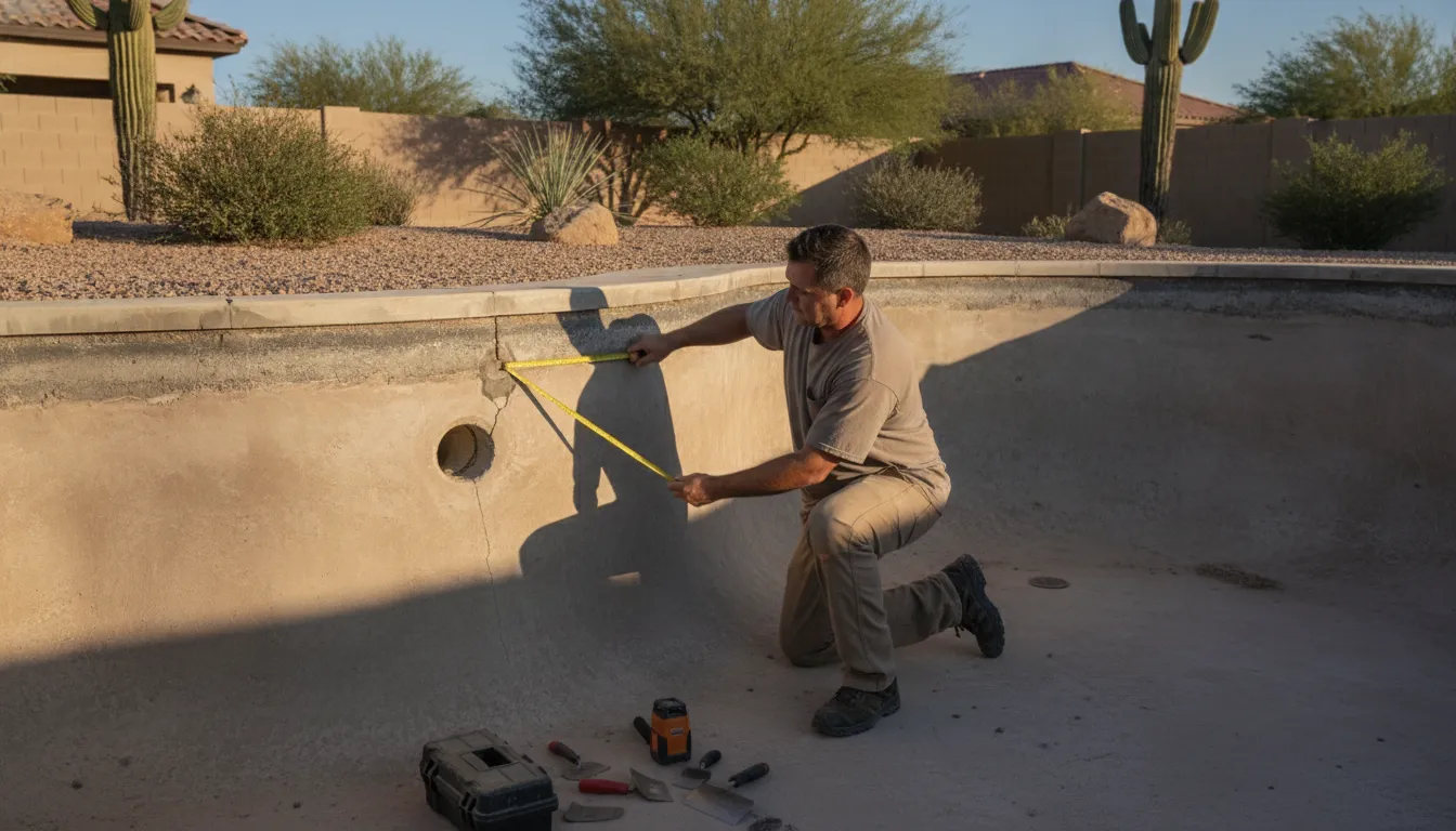 Professional inspecting a structural crack in an Arizona pool shell