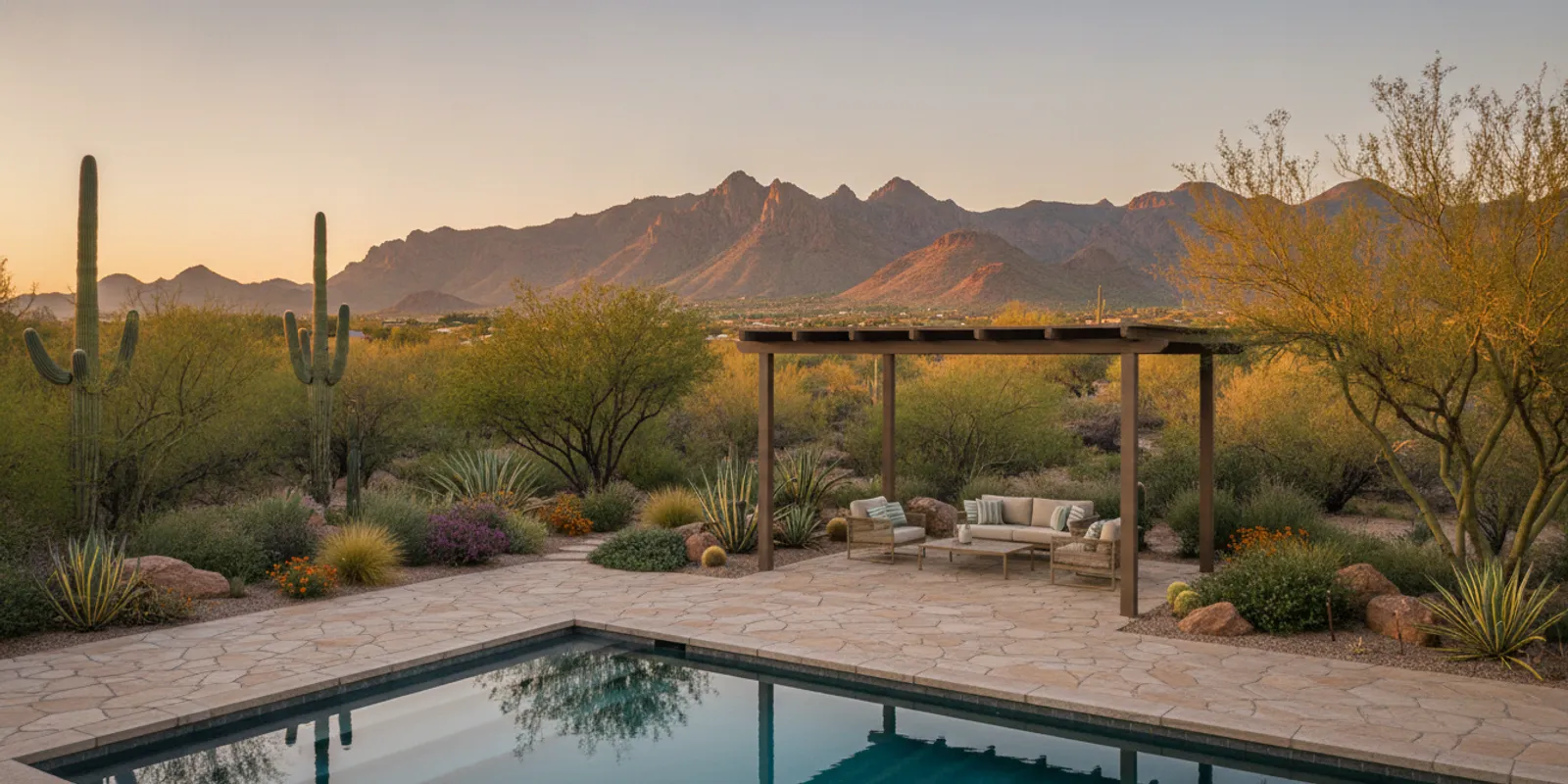 Scottsdale backyard with a custom pool, shaded seating and desert mountain views