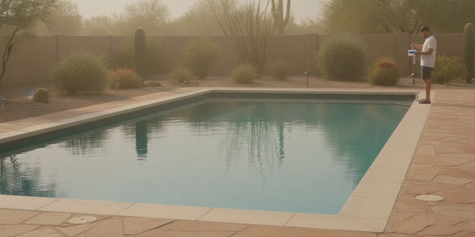 Clear backyard pool with a homeowner checking the water and pool equipment in a sunny Arizona setting