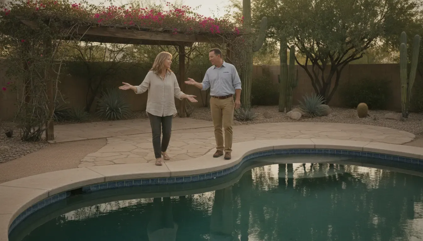Homeowner discussing a Phoenix East Valley pool renovation with a local remodeling professional