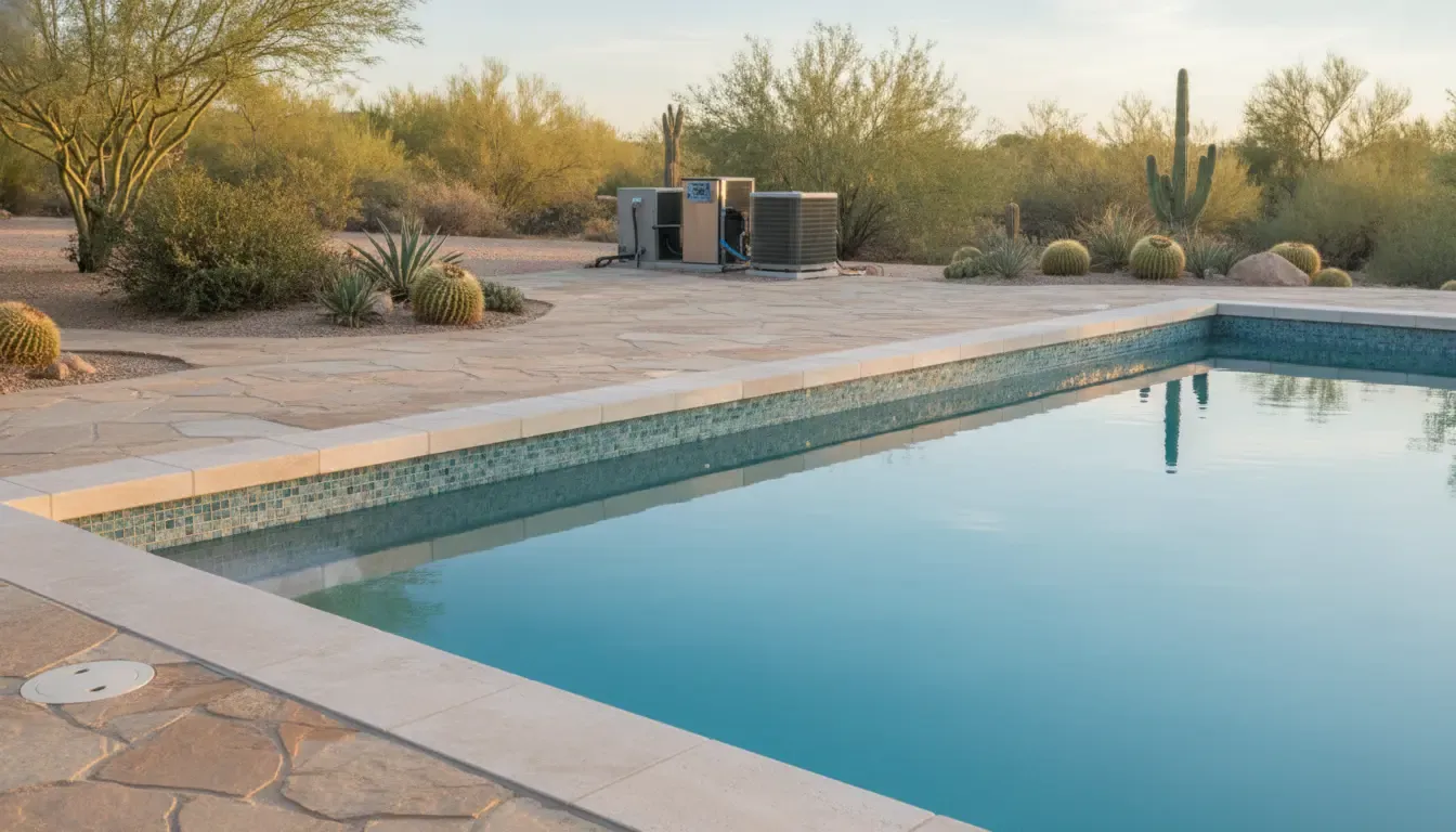 Arizona pool remodel materials including updated tile coping and desert landscaping