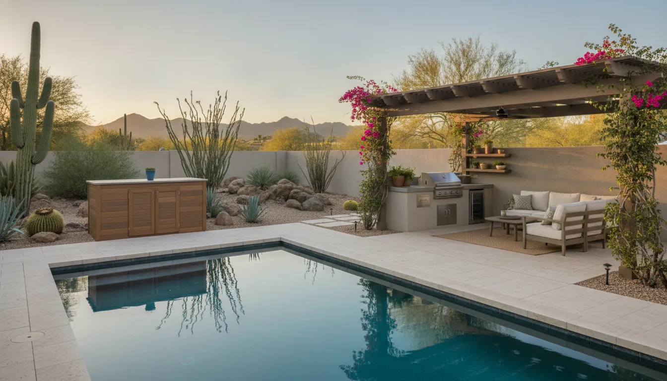 Renovated Phoenix pool connected to a shaded outdoor living area and desert landscape
