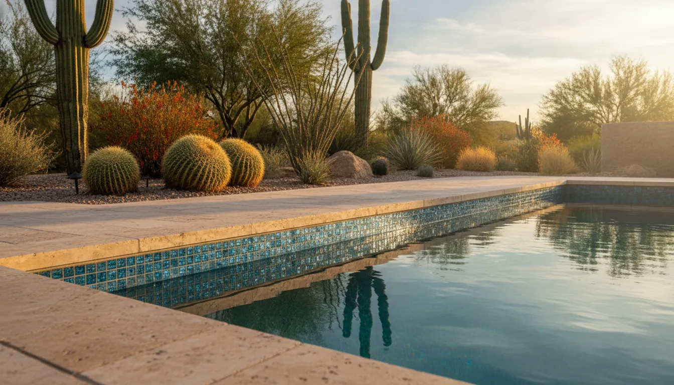 Glass mosaic pool tile and travertine coping in an Arizona backyard