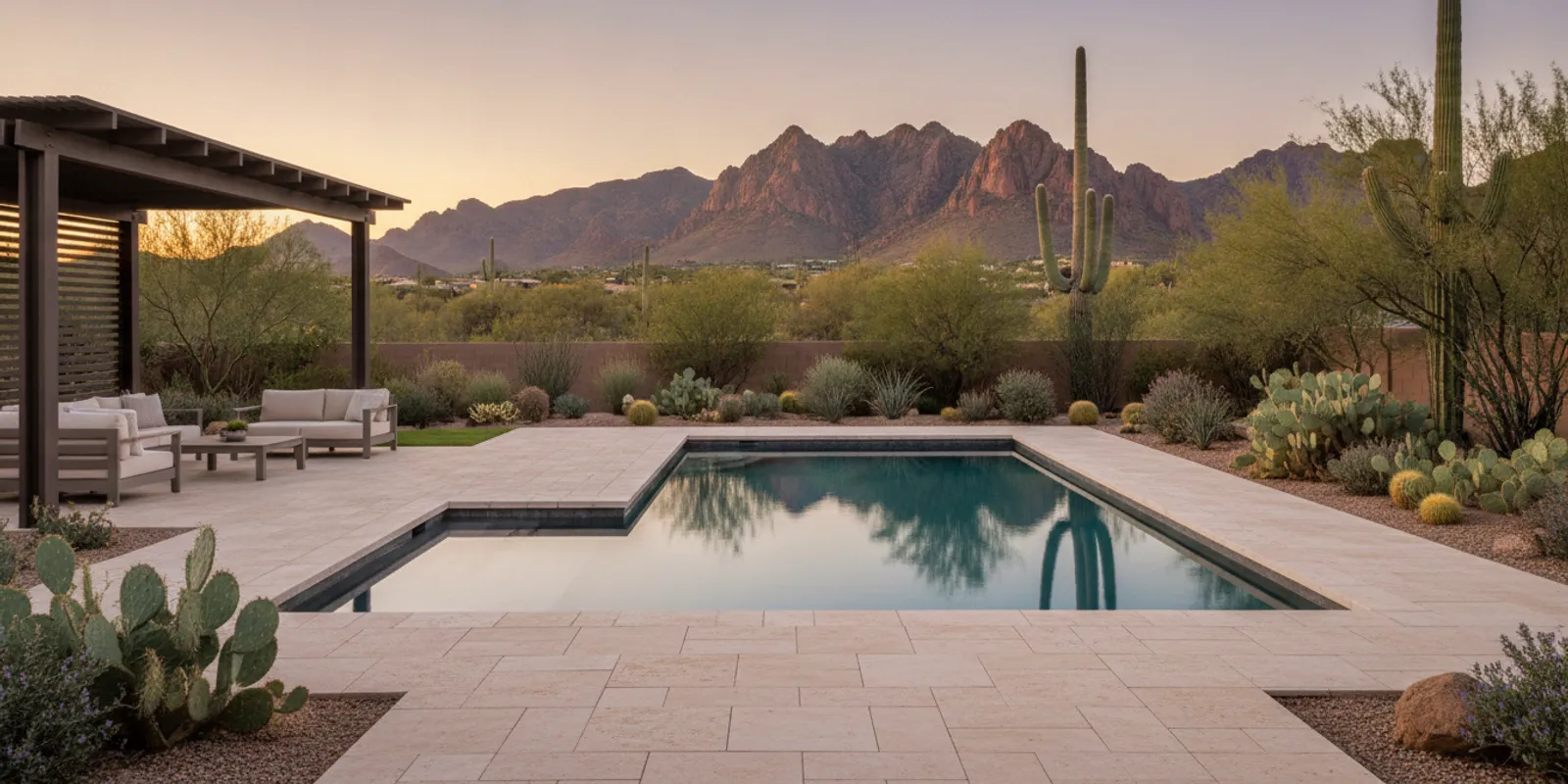 Custom swimming pool and shaded patio in a Scottsdale desert backyard