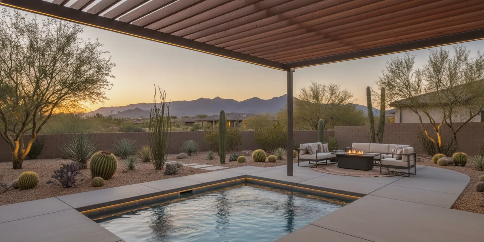 A swim spa set into a shaded Phoenix backyard patio beside outdoor seating
