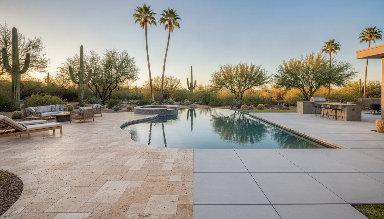 Arizona pool deck with travertine and concrete paver design details