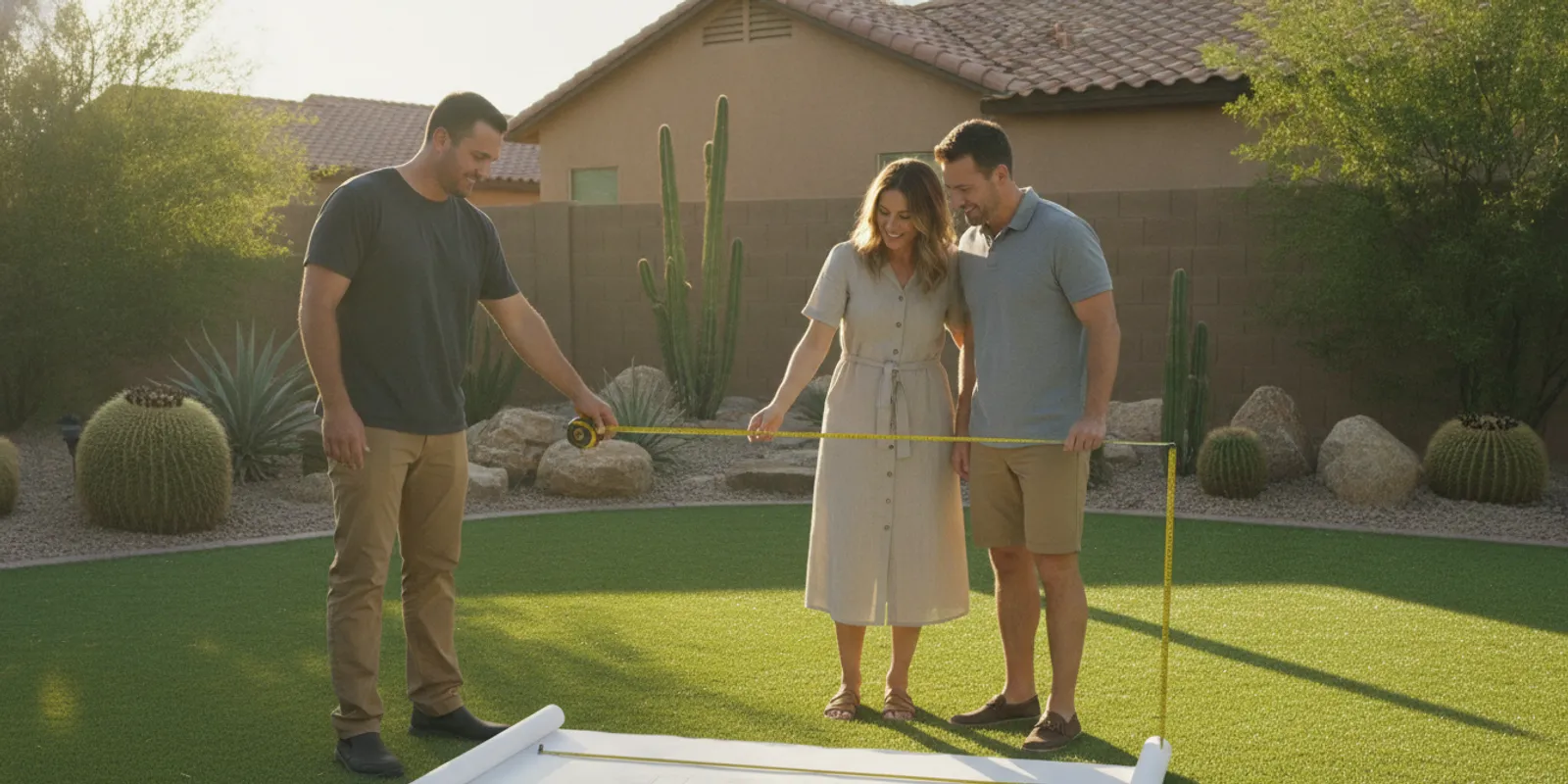 Pool builder reviewing a Phoenix backyard with homeowners before a custom pool estimate