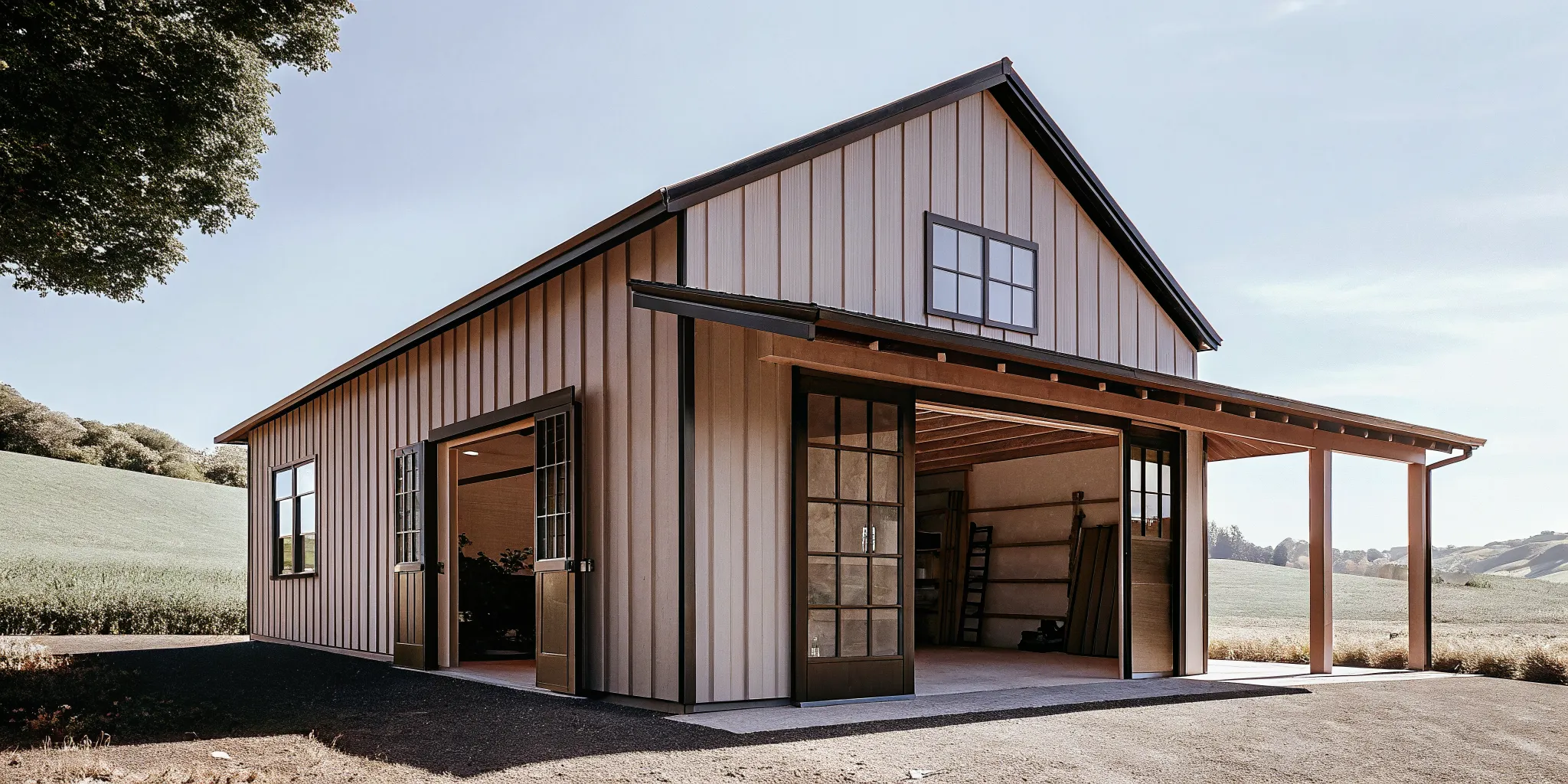 A custom pole building workshop garage designed and built by Locke Buildings in rural Washington.
