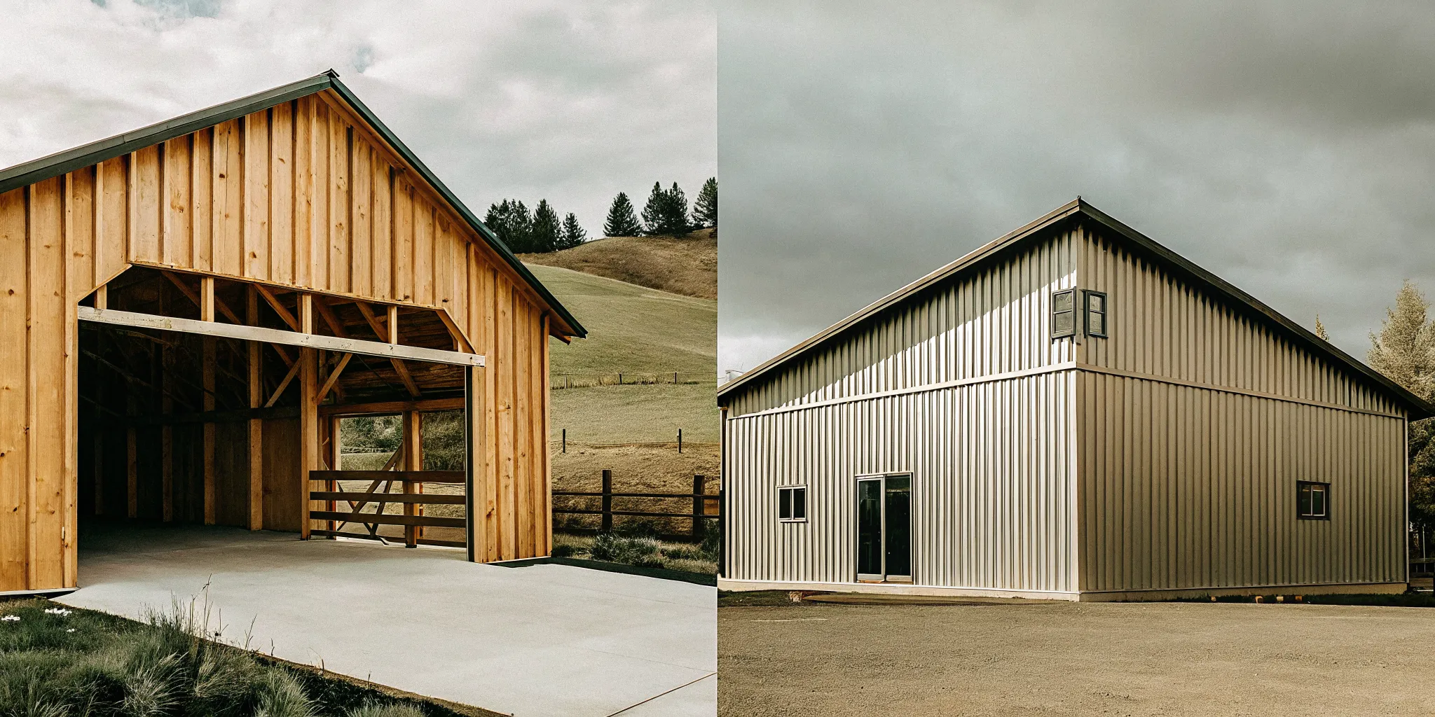 Post-frame pole barn and rigid-frame steel building shown side by side