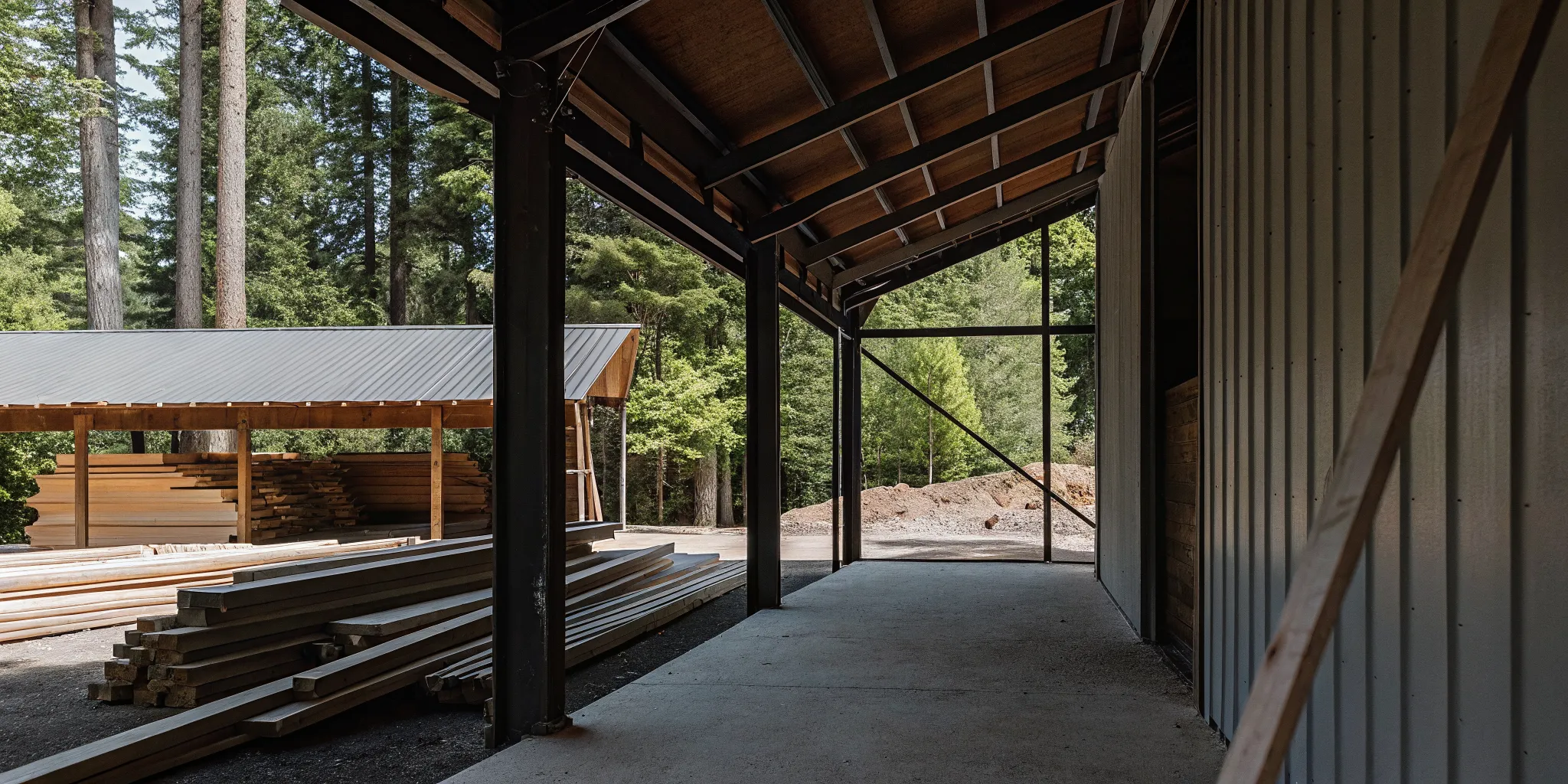 Pole barn kit framing and steel materials staged at a Pacific Northwest building site