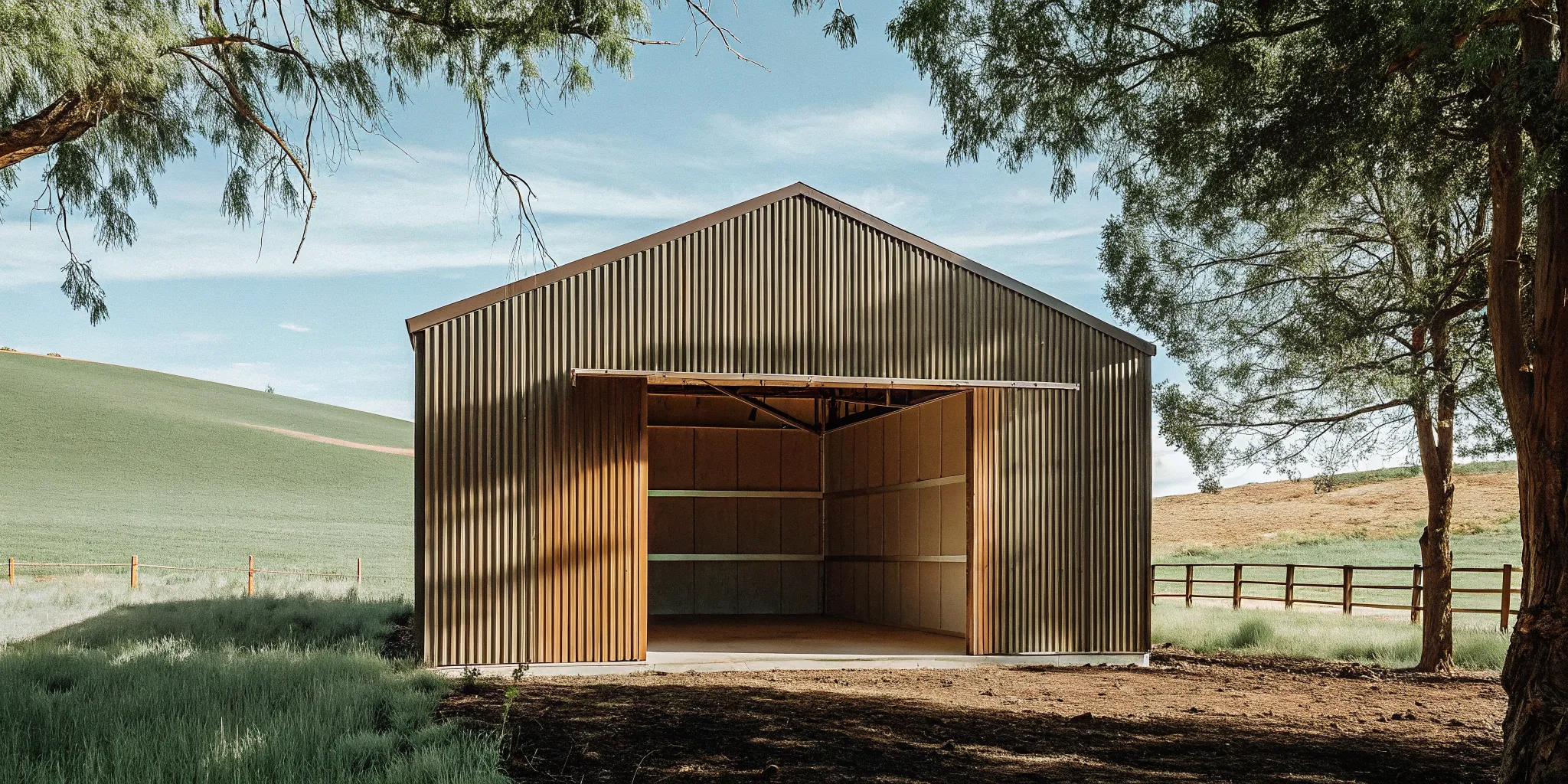Completed pole barn with steel siding and roof in a rural Oregon setting