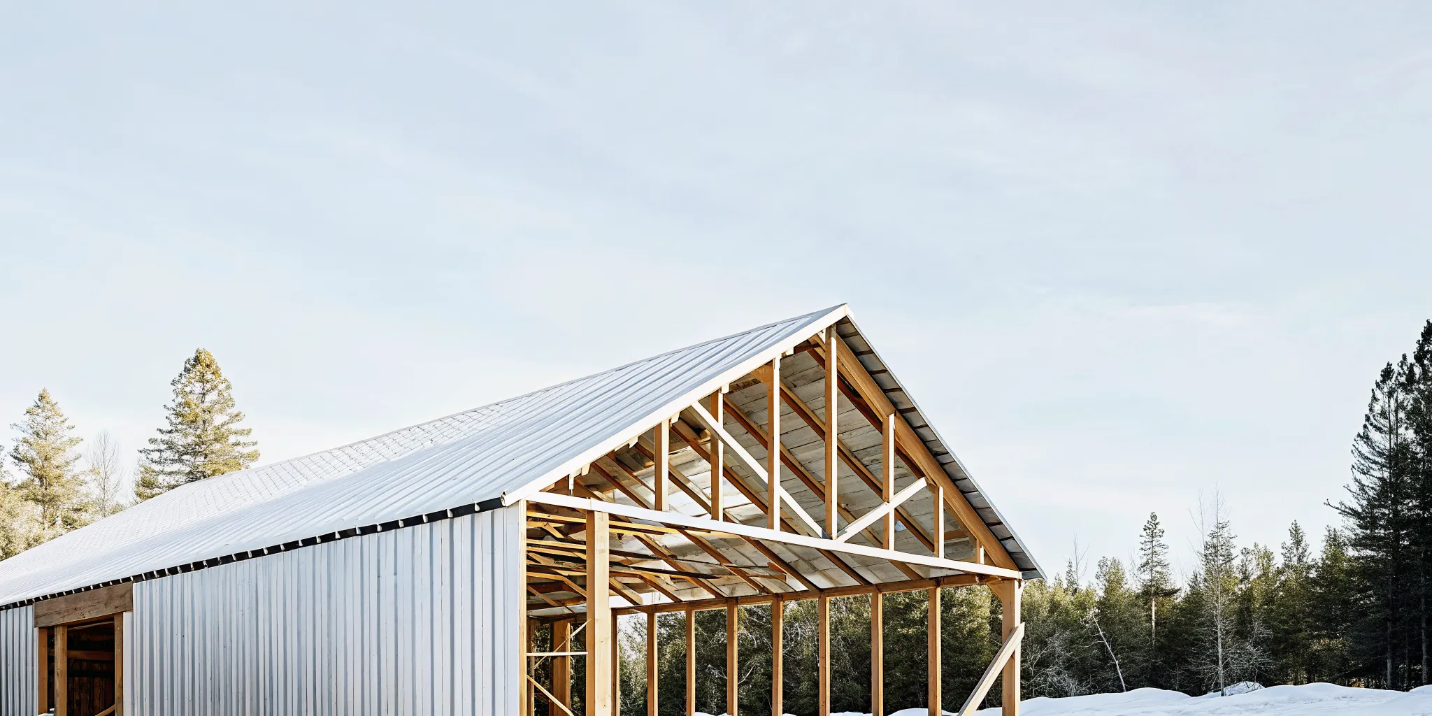 Post-frame workshop being built with wood posts and roof trusses