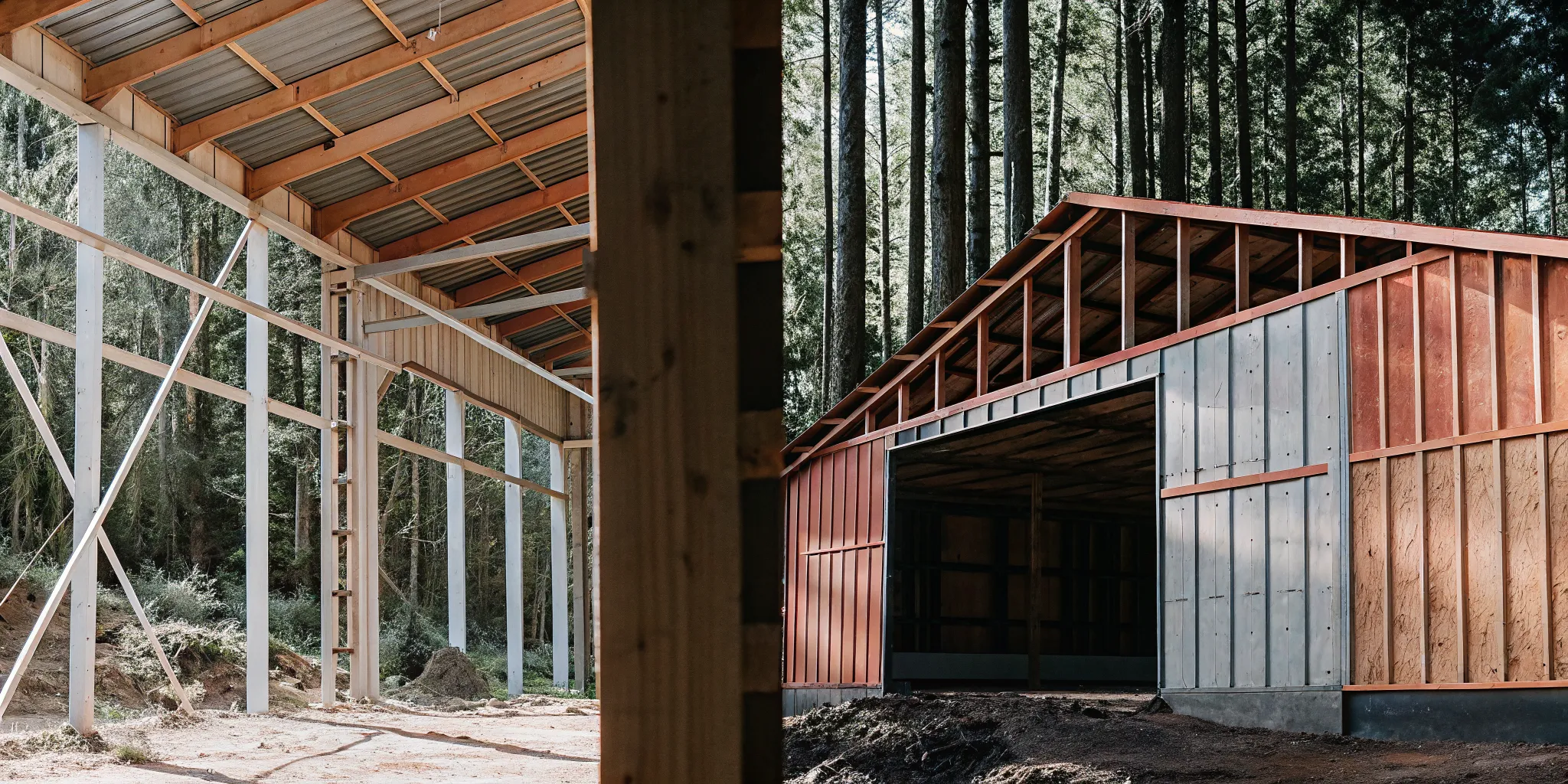 Post frame vs stick frame construction systems shown side by side