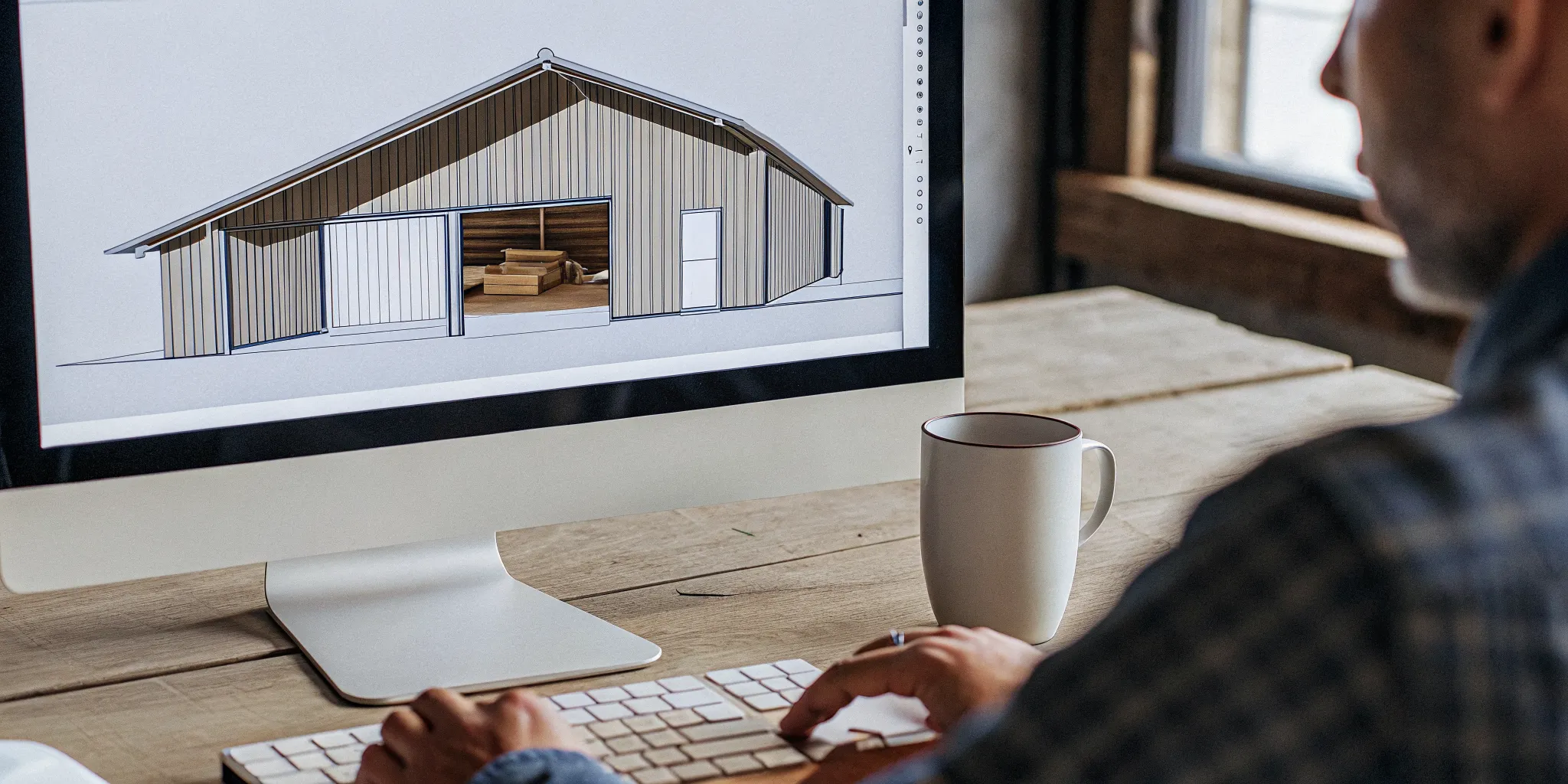 Person using a laptop to design a pole barn online with 3D building software on screen