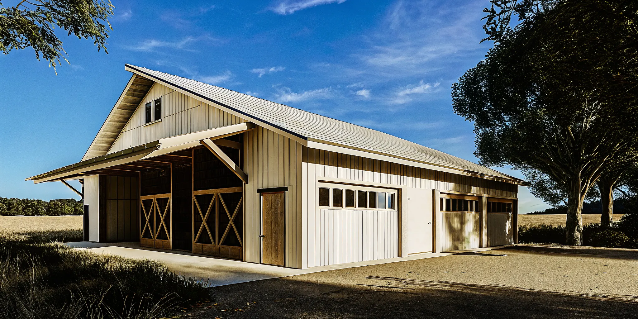 3D rendered custom pole barn with garage doors, windows, and metal roof on a rural property