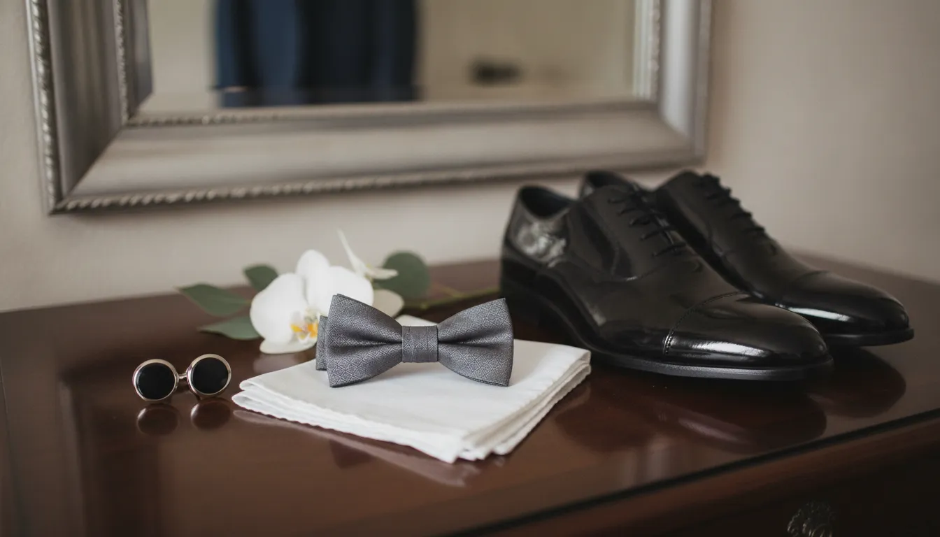 Groom considering fabric and color options for a wedding tuxedo