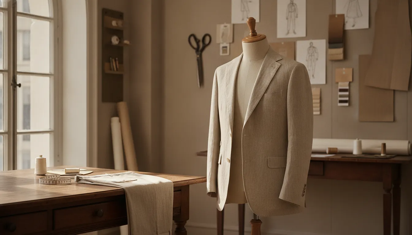 Lightweight sand-colored summer suit in a tailoring atelier