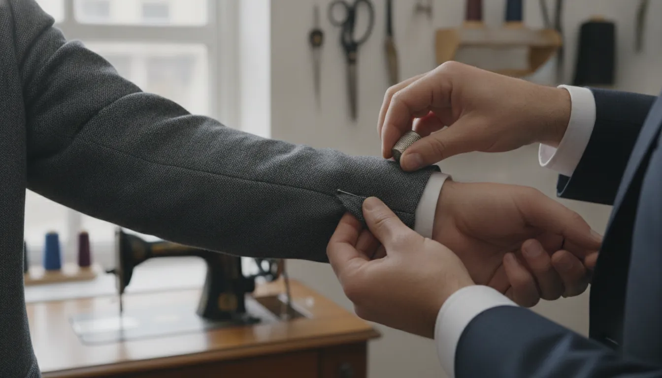 Tailor's hands adjusting the sleeve of a well-tailored suit jacket