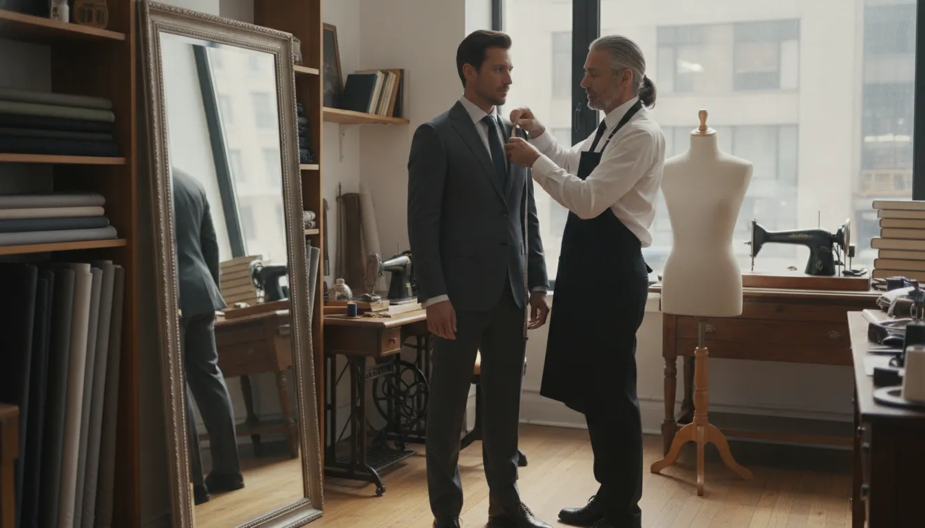 Master tailor taking precise measurements of a client in a bespoke clothier studio