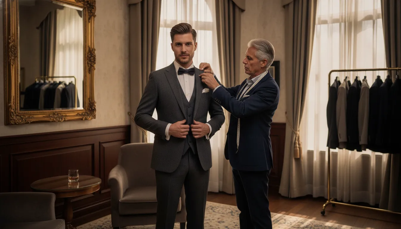 Groom reviewing wedding suit styling options with a clothier