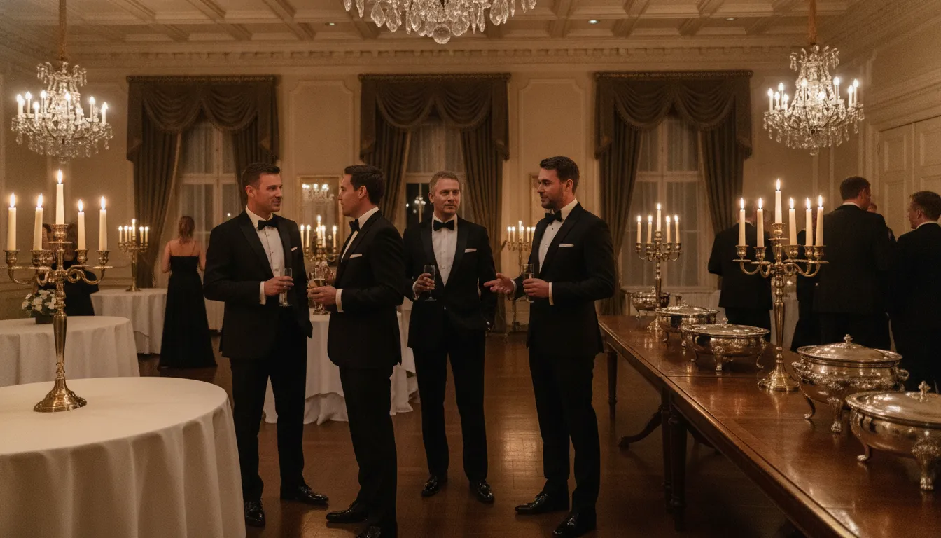 Guests in black tuxedos at an elegant evening gala