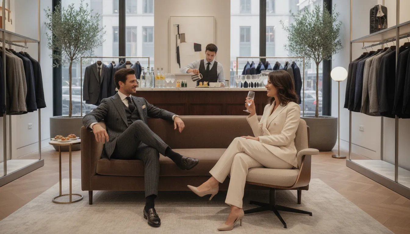 A stylish man and woman in custom suits in an elegant showroom.