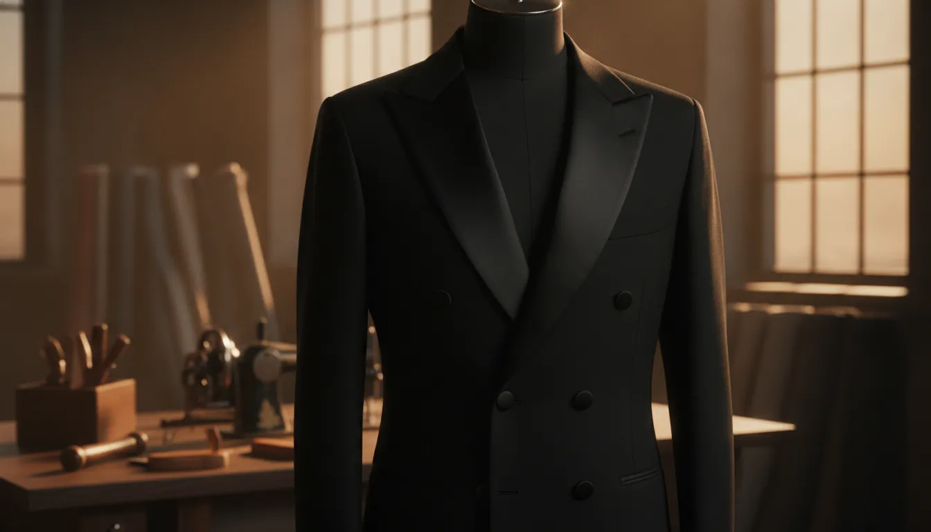 Satin lapel facings and covered buttons on a black tuxedo jacket
