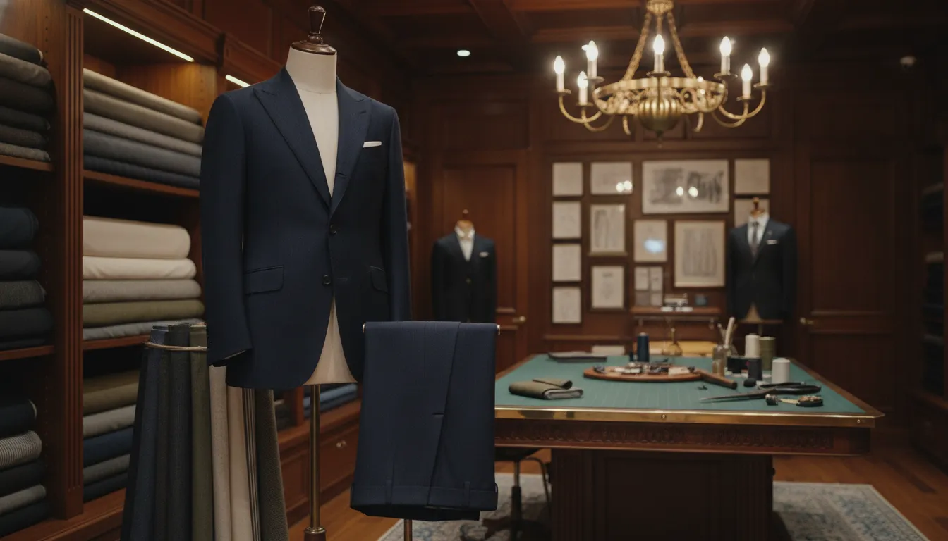 Navy suit on a mannequin beside rolls of suiting fabric in a tailor shop