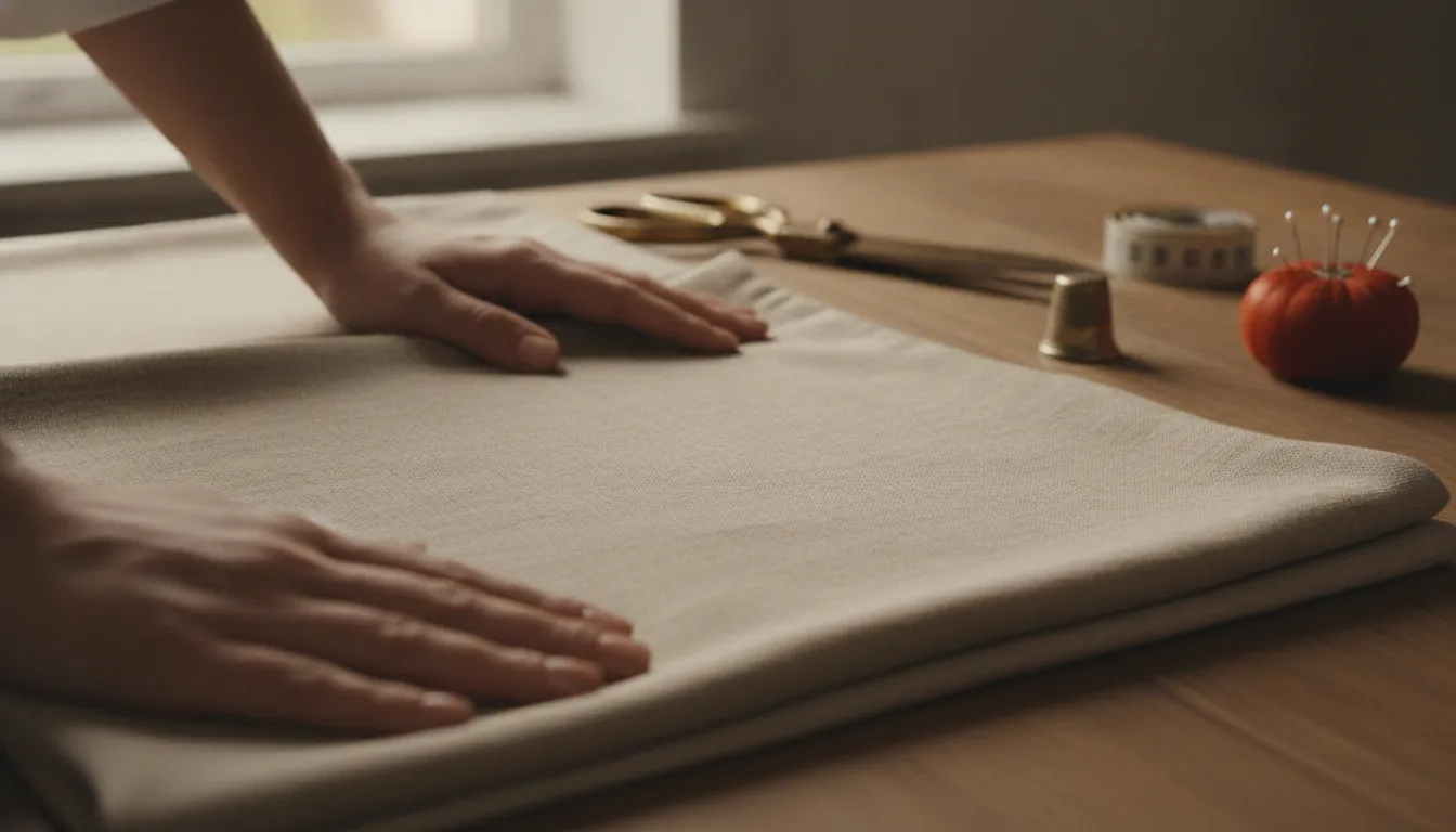 Close-up of smooth sand-colored linen suit fabric on a tailor worktable