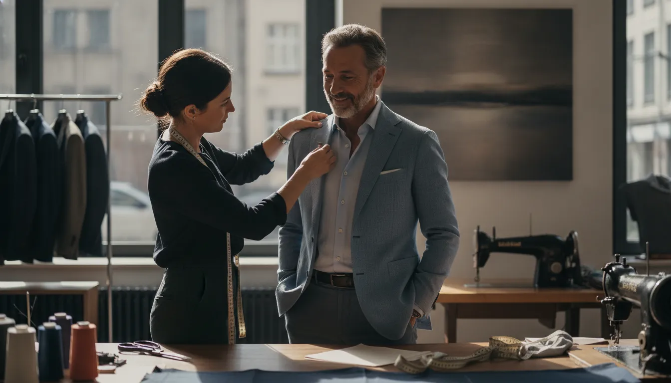 Tailor adjusting the shoulder of a light linen suit jacket in an upscale studio