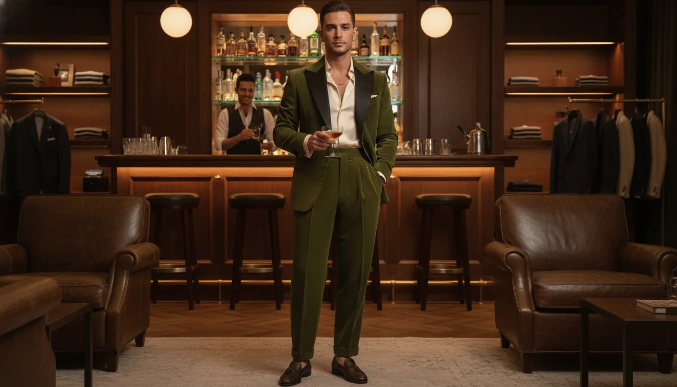 A tailor adjusting a modern custom jacket to show perfect shoulder alignment and fit