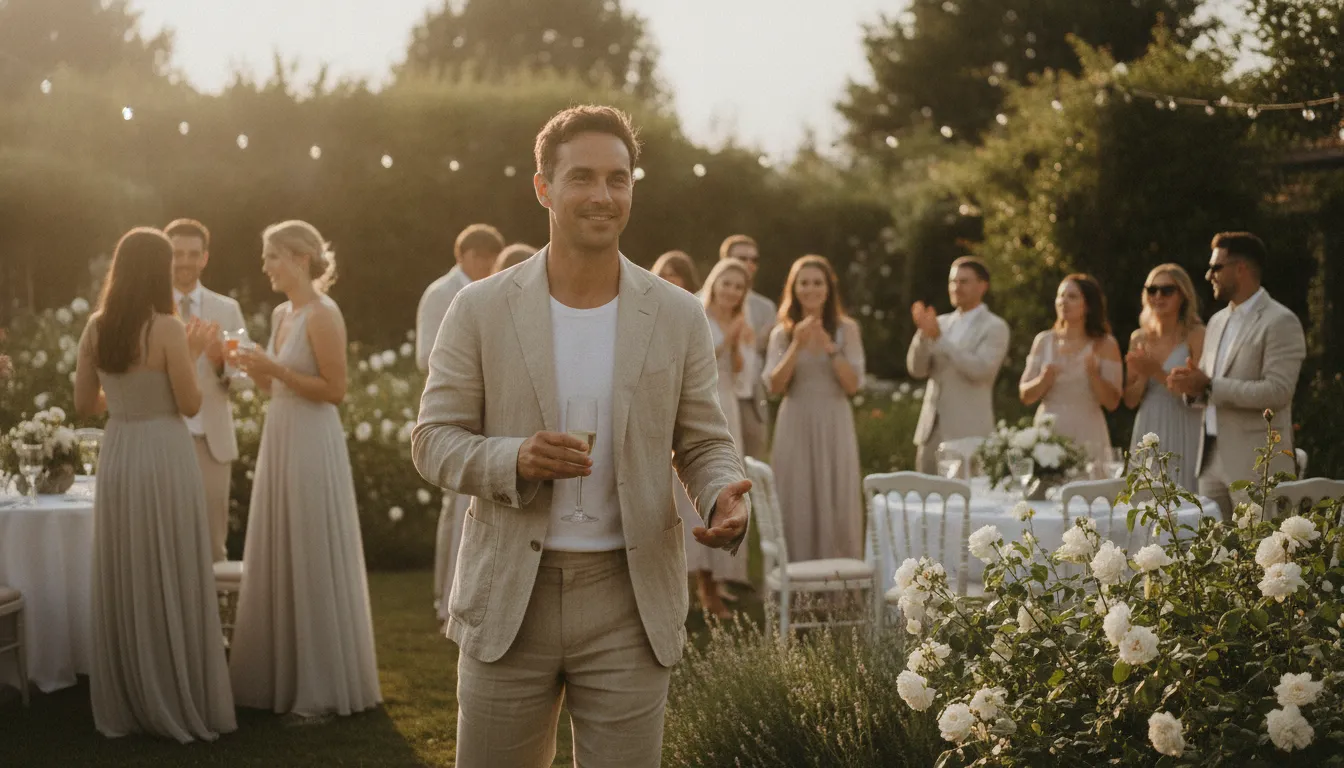 Groom in a light beige linen suit jacket at a sunlit garden wedding