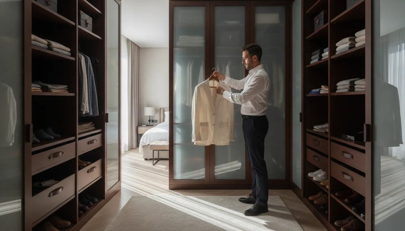 Dark wedding suit jacket airing on a shaped wooden hanger in a wardrobe