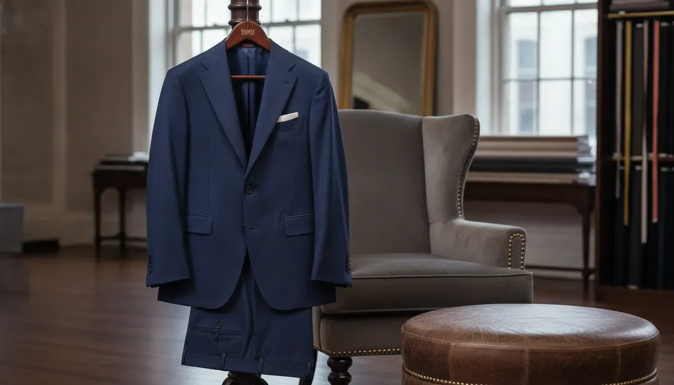 Finished navy made to measure suit ready for delivery from a Columbus area clothier
