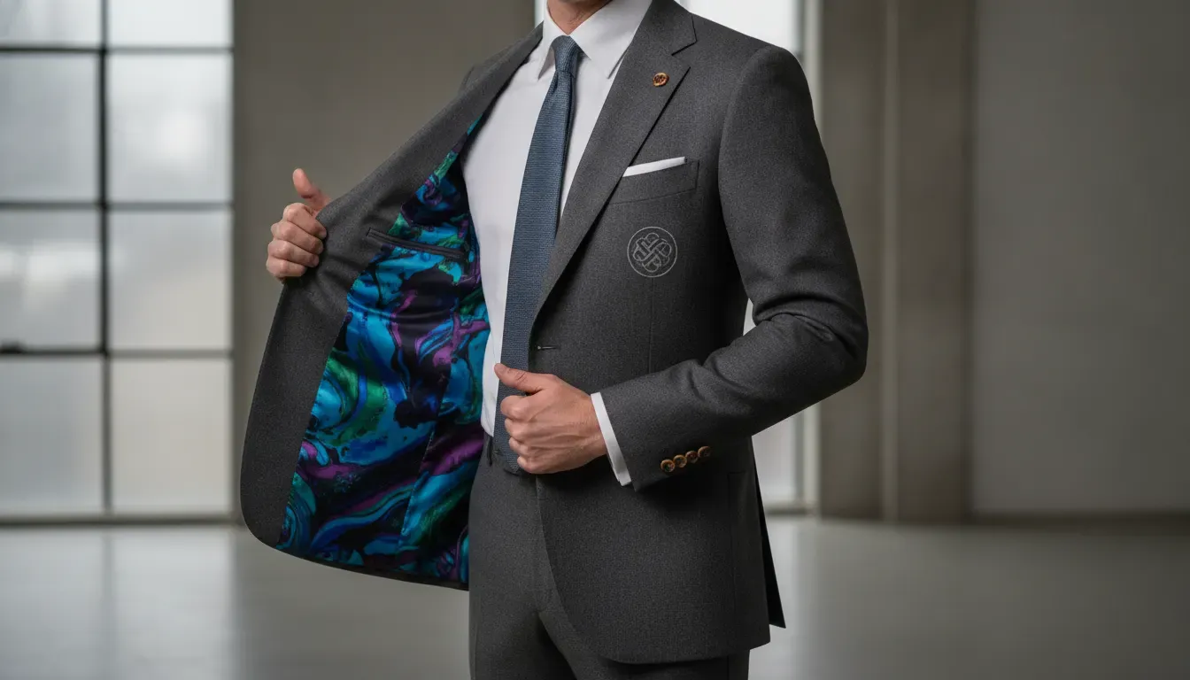 Custom lining and horn buttons inside a tailored Atelier Munro suit jacket